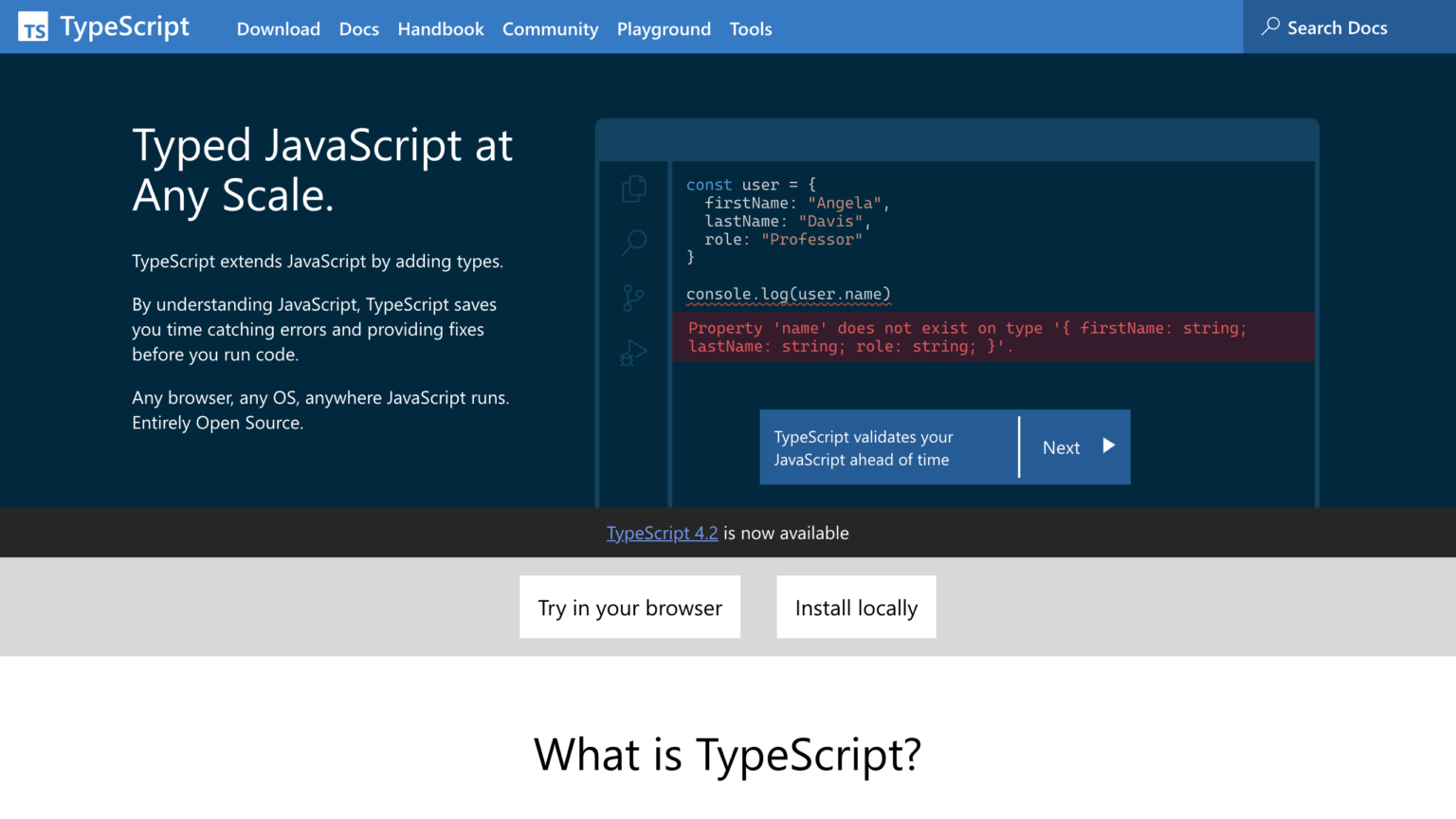 Typescript property. Type script js.